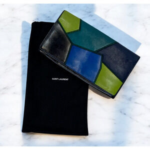 Vintage 80s YSL Patchwork Long Wallet Colorful Yves Saint Laurent w/ Dust Bag
